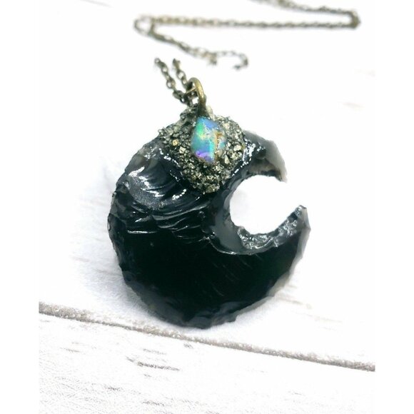 Hand Crafted Jewelry - Obsidian moon and opal crystal necklace handmade gothic fantasy style jewelry